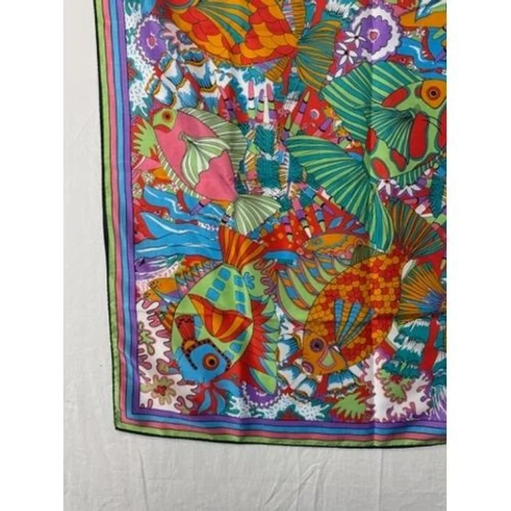 Vintage Colorful Fish Print Scarf Bright vtg Tropical Ocean Foulard Wild Rag 70s
